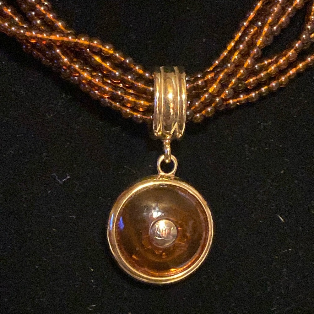 Gold Tone Brown Multi Strand Beaded Necklace Statement Pendant 10”